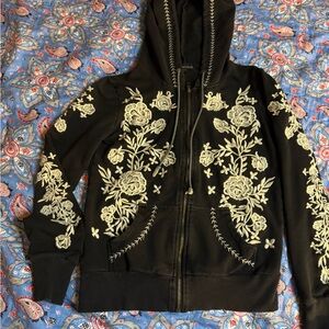 Embroidered Floral design Twenty One Black Zipper Hoodie Jacket Sz Small
